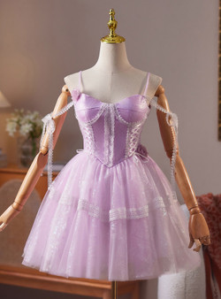 Purple Tulle Spaghetti Straps Homecoming Dress