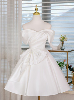 White Satin Pleats Bow Homecoming Dress