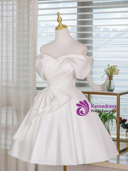 White Satin Pleats Bow Homecoming Dress