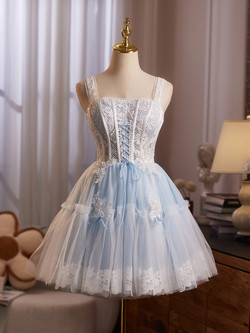 Light Blue Tulle Lace Straps Homecoming Dress
