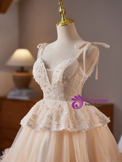 Champagne Tulle Lace Spaghetti Straps Homecoming Dress