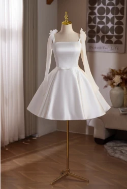 White Satin Straps Flower Homecoming Dress