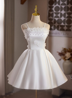 White Satin Straps Flower Pearls Homecoming Dress