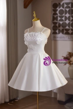 White Satin Straps Flower Pearls Homecoming Dress