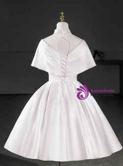 White Satin High Neck Pleats Wedding Dress