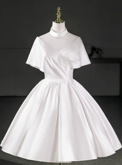 White Satin High Neck Pleats Wedding Dress