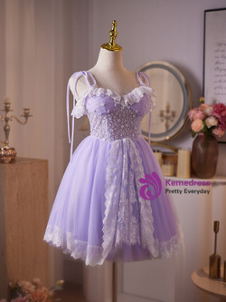 Purple Tulle Lace Sequins Pleats Homecoming Dress