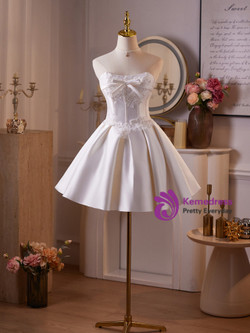 White Satin Strapless Appliques Homecoming Dress