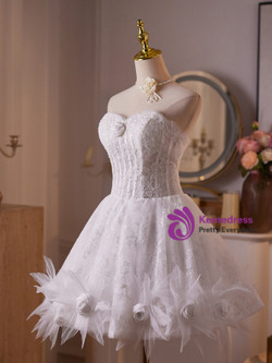 White Tulle Lace Strapless Homecoming Dress