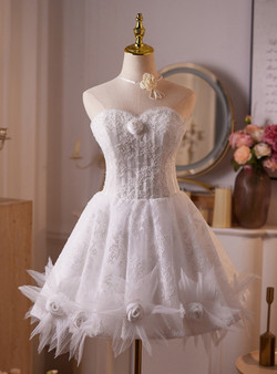 White Tulle Lace Strapless Homecoming Dress