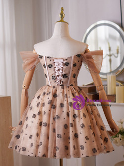 Champagne Tulle Off the Shoulder Beading Homecoming Dress