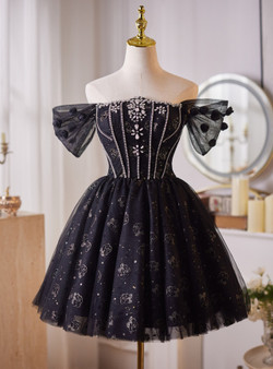 Black Tulle Sequins Off the Shoulder Homecoming Dress