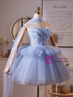 Blue Tulle Strapless Butterfly Beading Homecoming Dress