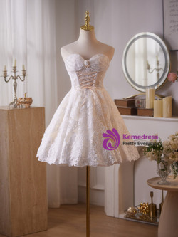 White Lace Strapless Homecoming Dress