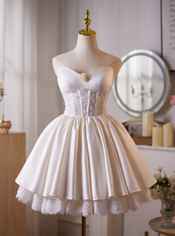 Ivory Satin Lace Strapless Homecoming Dress