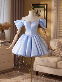 Blue Satin Beading Homecoming Dress