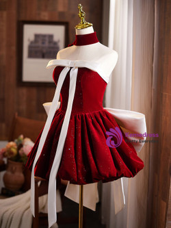 Burgundy Velvet Strapless Bow Homecoming Dress