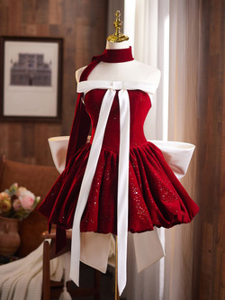 Burgundy Velvet Strapless Bow Homecoming Dress