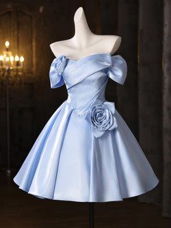 Blue Satin Pleats Flower Homecoming Dress