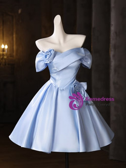 Blue Satin Pleats Flower Homecoming Dress