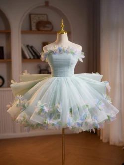 Green Tulle Pleats Flower Homecoming Dress