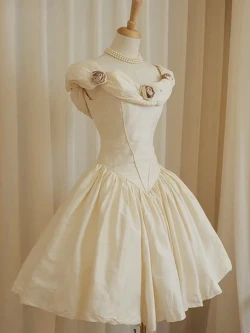 Champagne Off the Shoulder Flower Prom Dress