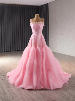 Pink Tulle Sequins Beading Pleats Prom Dress