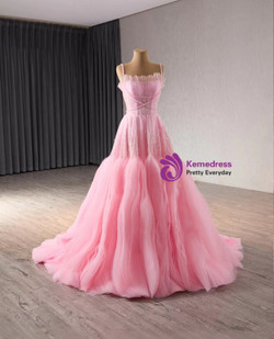 Pink Tulle Sequins Beading Pleats Prom Dress
