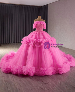 Hot Pink Tulle Off the Shoulder Sequins Prom Dress