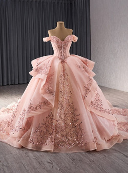 Pink Ball Gown Tulle Sequins Appliques Prom Dress