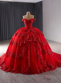 Red Ball Gown Sequins Lace Tiers Prom Dress