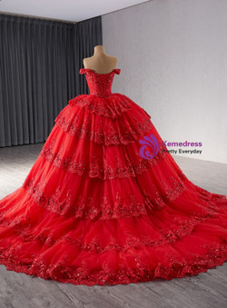 Red Ball Gown Sequins Lace Tiers Prom Dress