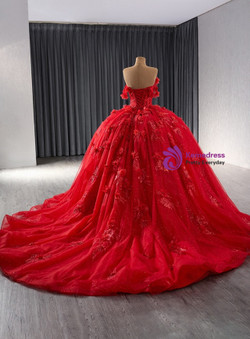Red Ball Gown Tulle Sequins 3D Flower Beading Prom Dress