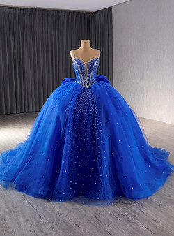 Royal Blue Tulle Spaghetti Straps Bow Beading Prom Dress