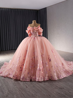 Pink Tulle Appliques Off the Shoulder Prom Dress
