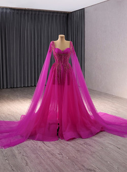 Fuchsia Tulle Square Neck Beading Sequins Prom Dress