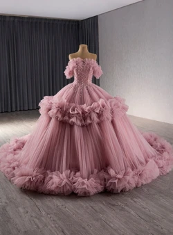 Pink Tulle Off the Shoulder Sequins Prom Dress