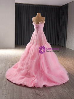 Pink Tulle Spaghetti Straps Pleats Beading Prom Dress