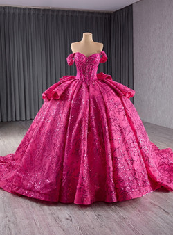 Fuchsia Sequins Off the Shoulder Bow Prom Dress