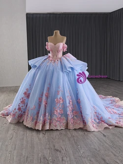 Blue Ball Gown Tulle Pink 3D Appliques Prom Dress