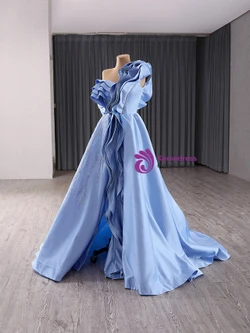 Blue Satin One Shoulder Sequins Prom Dress