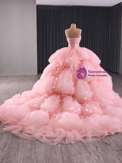 Pink Tulle Strapless 3D Appliques Prom Dress