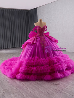 Fuchsia Tulle Beading Sequins Prom Dress