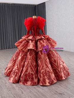 Red Ball Gown Sequins Long Sleeve High Neck Prom Dress