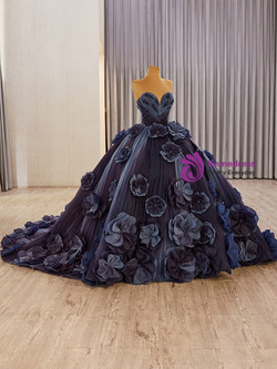 Navy Blue Tulle Straples 3D Flower Beading Prom Dress