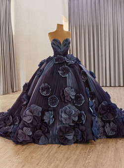 Navy Blue Tulle Straples 3D Flower Beading Prom Dress