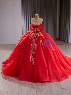 Red Ball Gown Tulle Sequins Pearls Prom Dress