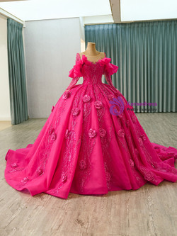 Fuchsia Ball Gown Sequins 3D Flower Prom Dress