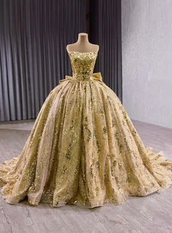 Gold Ball Gown Sequins Strapless Bow Prom Dress