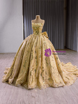 Gold Ball Gown Sequins Strapless Bow Prom Dress